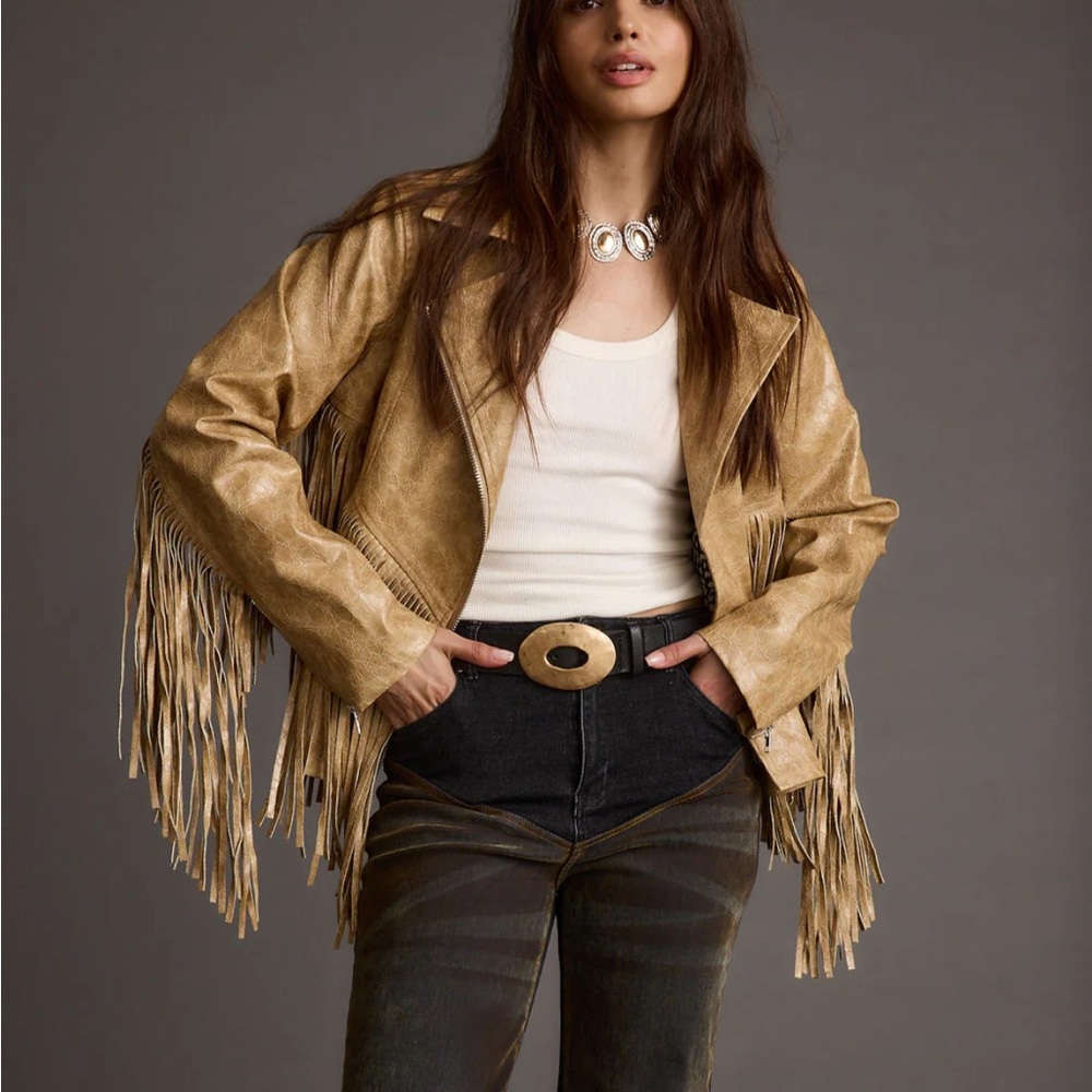 12th Tribe Camel Fringe Leather Jacket